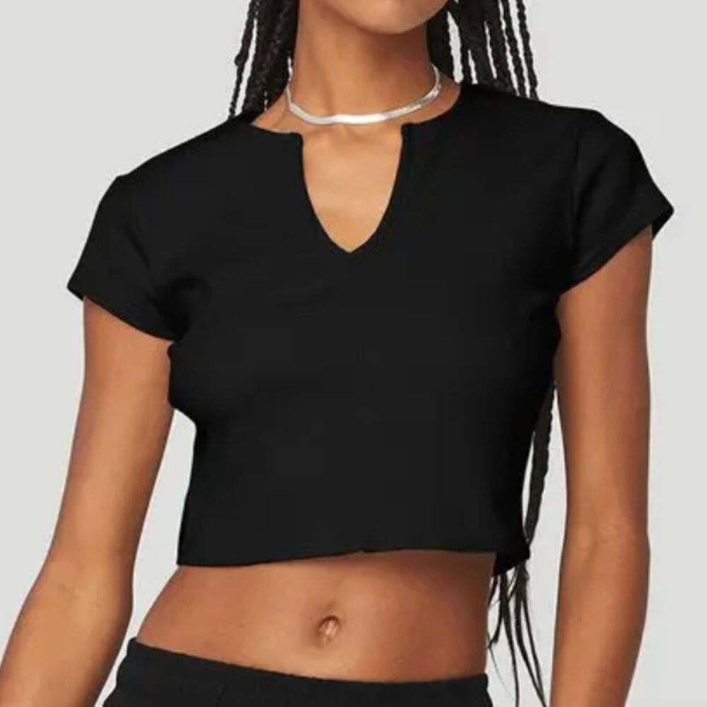 Alo Yoga Ribbed Cropped Savvy Short Sleeve Top Black Size Medium